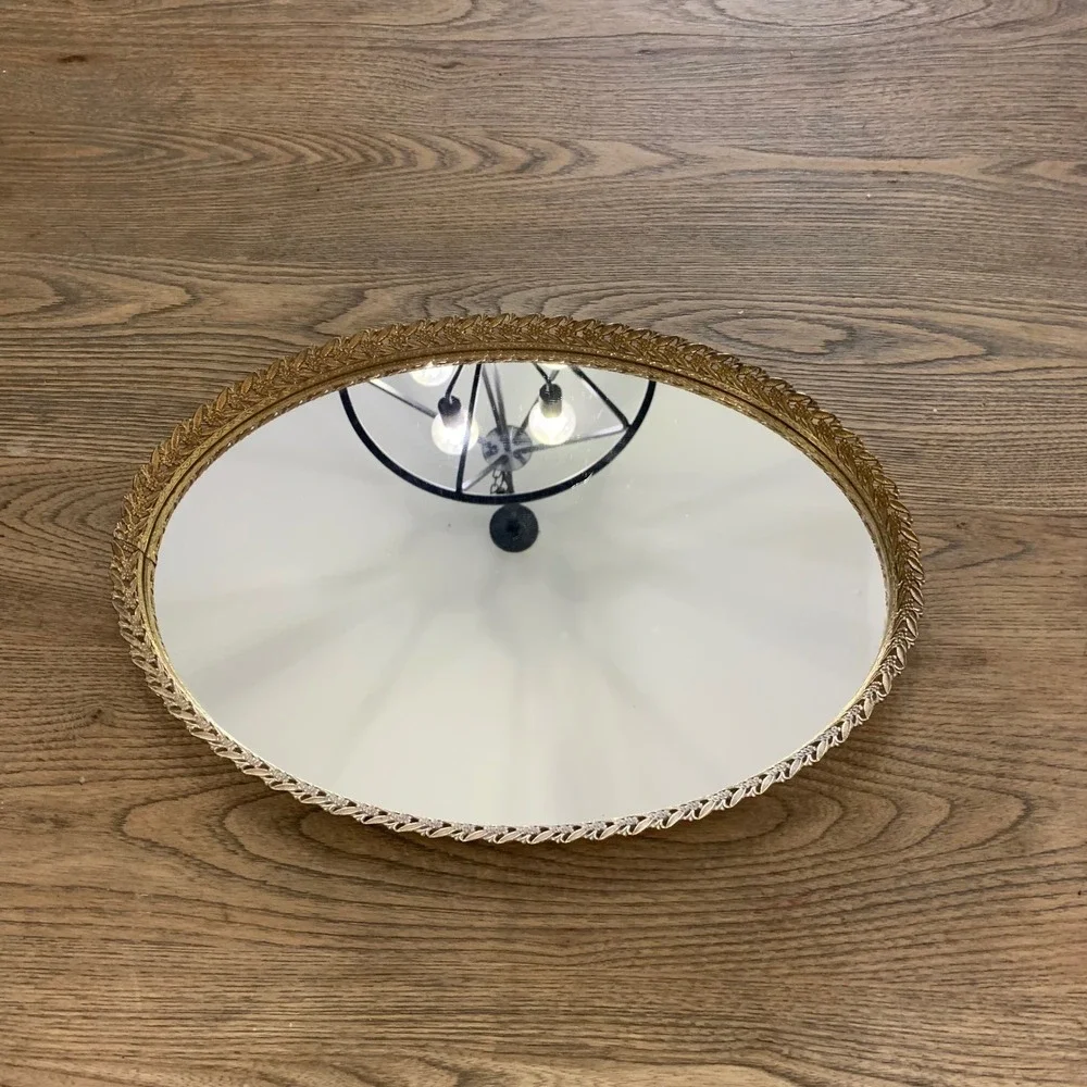 Vintage Gold Filigree Mirrored Vanity Tray Oval Floral Ornate Metal 16